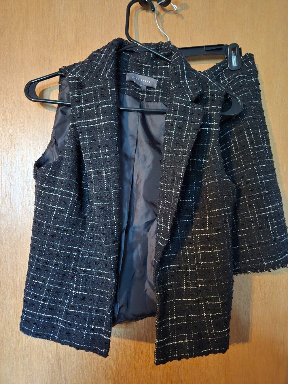 Suzy Shier Black Tweed Plaid Skirt Set Vest & Mini Skirt Gold Buttons S 7/8